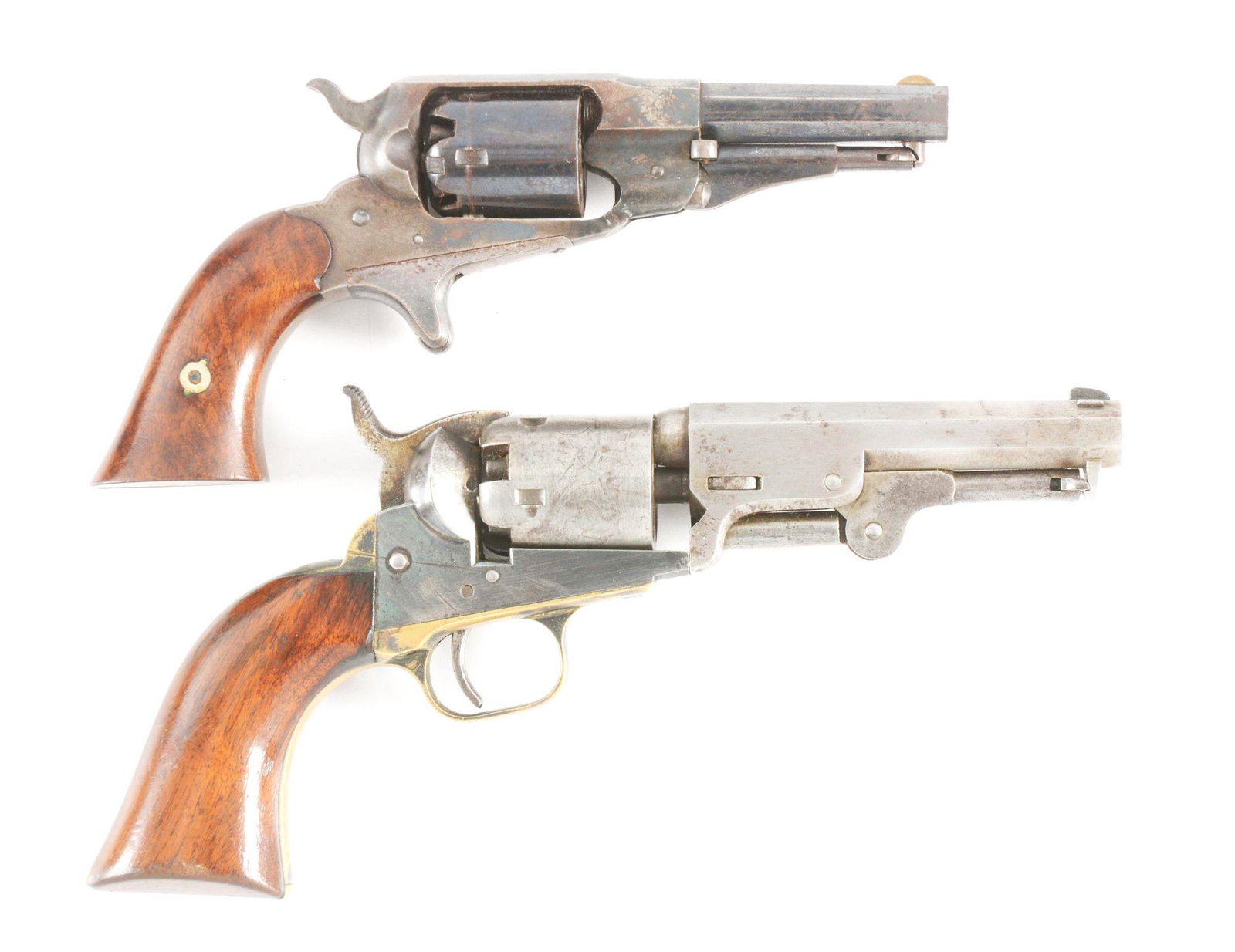 (A) LOT OF TWO: RARE SCALLOPED COLT 1849 POCKET AND: Lot consists of (A) Manufactured 1853. 4" 5 shot 1849 Pocket Model Colt with New York Address. Drift adjustable front blade front sight, scalloped recoil shield as noted in Jordan & Watt's Book of Poc