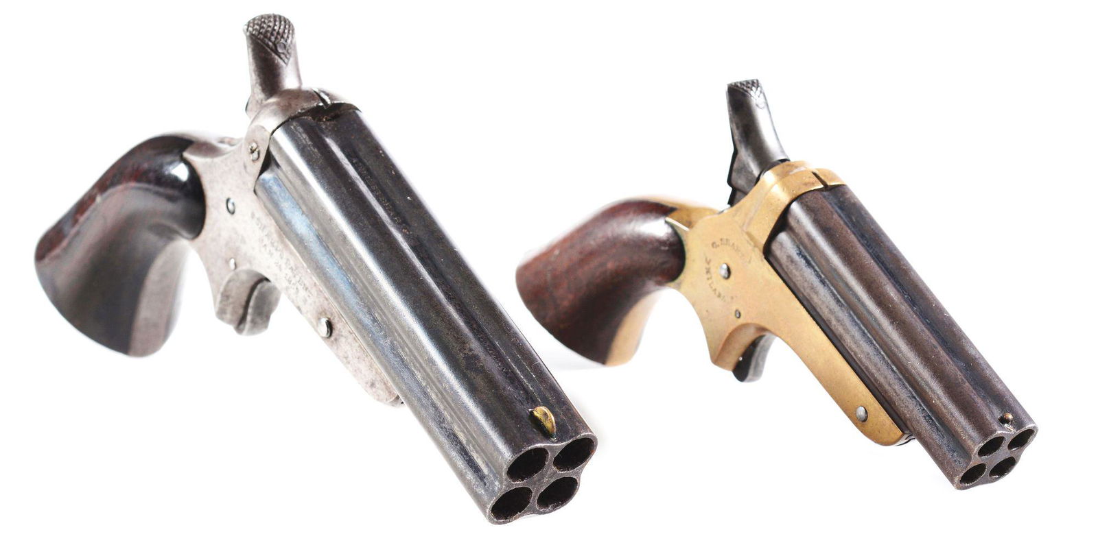 (A) LOT OF TWO: TWO SHARPS & HANKINS #3 AND SHARPS: Lot consits of (A) Sharps and Hankins Model 3 steel frame four barrel .32 RF Derringer. Barrel marked "ADDRESS SHARPS & HANKINS PHILADELPHIA PENN." Right side of frame marked "C. SHARPS PATENT /JAN 25