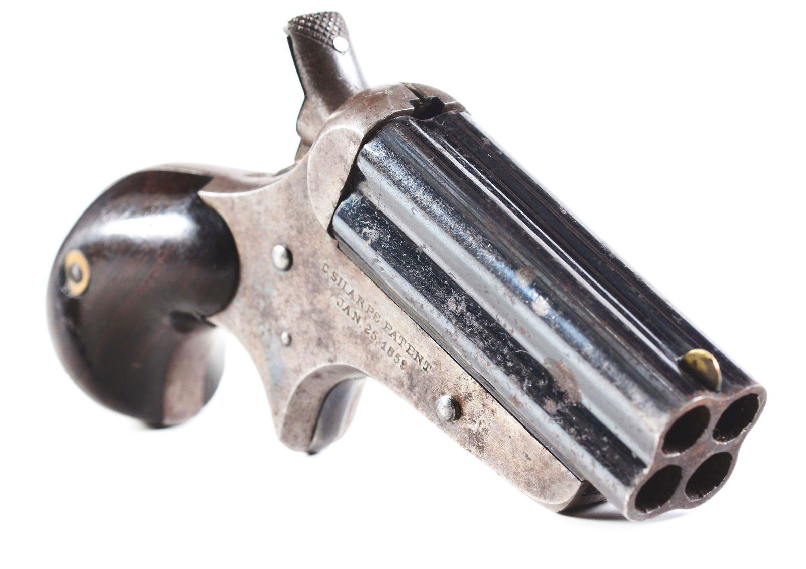 (A) RARE SHARPS BULLDOG NUMBER 4 DERRINGER IN .32: Serial number 1377 found on bottom of barrel cluster and inside of grip frame. Grips unnumbered. 2 - 1/2" blue finished barrels retained by screw on bottom of frame. Button barrel release on left side