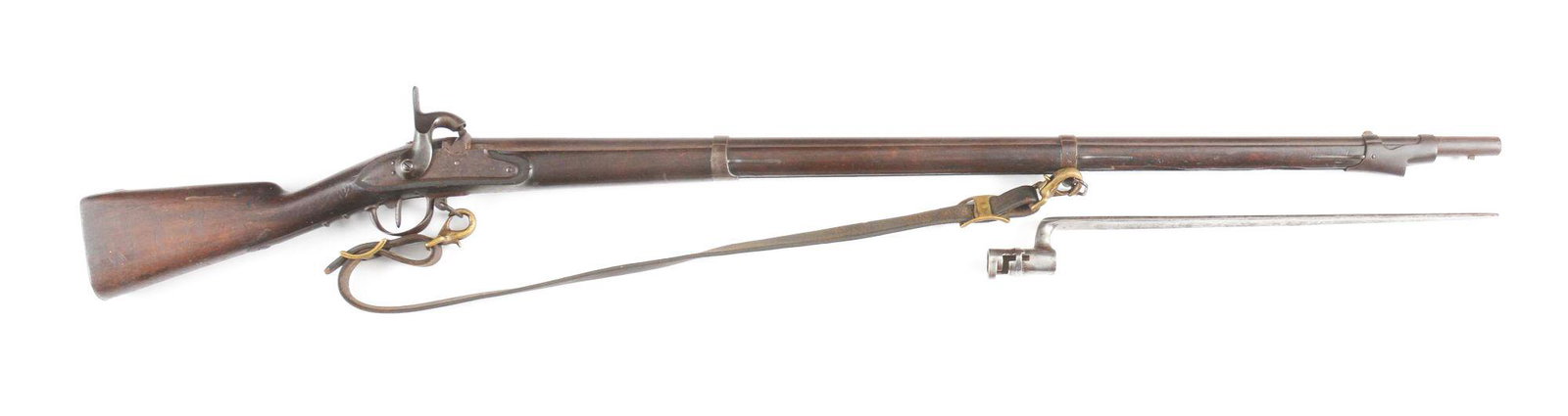 (A) AR 1843 MUSKET WITH SLING AND BAYONET: European made percussion rifled musket with "AR 1843" in circle on buttstock. "GS" proof on rear of round rifled musket barrel. Walnut wood three banded stock with dished cheek area on comb and owner'