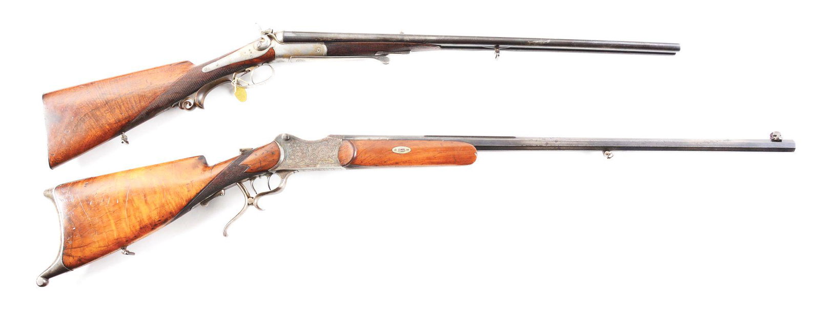 (A)LOT OF TWO: J. NOWOTNY .44 DOUBLE RIFLE AND AUSTRIAN: Lot consists of (A) Back action double hammer rifle with 25" barrels, full length matte rib, front blade sight, loop for sling, standing rear sight at 50/150 yards and folding rear sight at 200 yards.