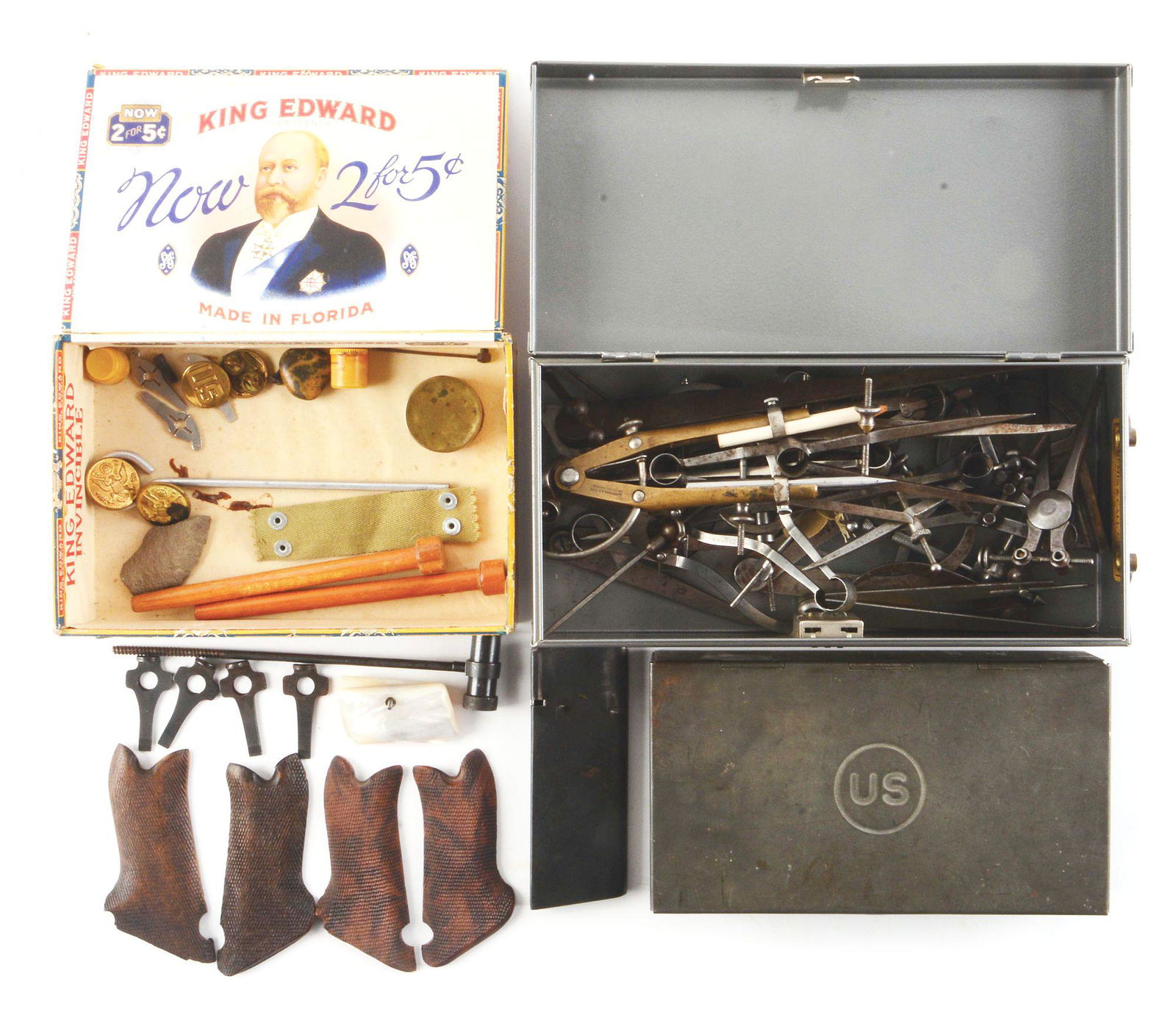 LARGE LOT MISCELLANEOUS TOOLS, GRIPS, CLEANING KITS.: Lot consists of: Model 1912 Squad cleaning kit for the 1911 pistol, four P-08 Luger loading and takedown tools, two pairs of P-08 Luger grips, one Luger cleaning rod/oiler, 28 precision drafting and m