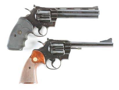 (C) LOT OF TWO: COLT PYTHON AND COLT TROOPER DOUBLE: Lot consists of (A) Colt Python revolver with spare parts. Serial number dates this gun to 1968. Serial number on the frame and cylinder match. Rubber grip is aftermarket. Adjustable rear sight.