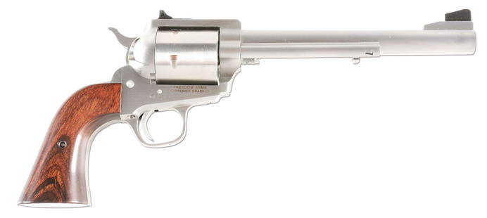 (M) FREEDOM ARMS MODEL 555 PREMIER GRADE SINGLE ACTION: All stainless steel construction single action chambered for the big .50 AE cartridge, five shot, non-fluted cylinder, rosewood grips, and adjustable sights. CONDITION: Unfired and remains in near