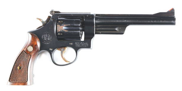 (C) SMITH & WESSON 1926 MODEL TARGET REVOLVER.: 6 - 1/2" pinned barrel with target sights. Chambered in .44 Smith & Wesson special. 5-screw frame. Blue with two-piece diamond, checkered walnut grips. Compete with two-piece gold box correctly