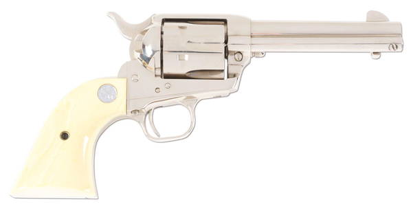 (M) COLT SINGLE ACTION ARMY .45 ACP REVOLVER WITH CASE: Colt Single Action Army with presentation case extra cylinder and collector book. Nickel plated with imitation ivory grips. Grips are Colt marked. Serial number dates it to 2006. Extra cylinder is