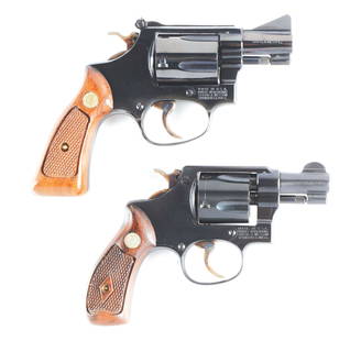 (M) LOT OF 2: SMITH & WESSON REVOLVERS.: A) Scarce Model 50, .38 Chiefs Special Target. Approximately 1,100 manufactured. 2" barrel chambered in .38 S&W special. J-frame. Micro-adjustable rear target sight. Blue with two-piece checkered