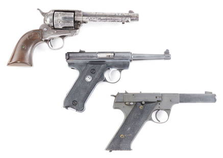 (M) LOT OF THREE: COLT REVOLVER, RUGER PISTOL, AND HIGH: Lot consist of: (A) Colt Single Action Army revolver with display case. Manufactured in 1907. Original finish and grips. Serial numbers on the frame, trigger guard and butt all match. Display case is