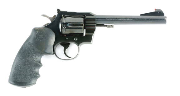 (C) COLT OFFICERS MODEL TARGET .38 SPECIAL DOUBLE: High condition full blue Colt Officers Model revolver with flat-top frame. Adjustable rear and pinned high ramp blade front sights. Replacement black rubber Hogue grips. CONDITION: Excellent overall