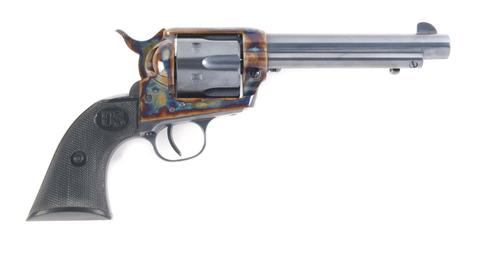 (M) USFA SINGLE ACTION ARMY .32-20 REVOLVER WITH BOX: USFA single action army with original box and manual. Case hardened frame with blued barrel and trigger guard. Black plastic grips. CONDITION: Overall excellent condition. Metal retains 98% of its ori