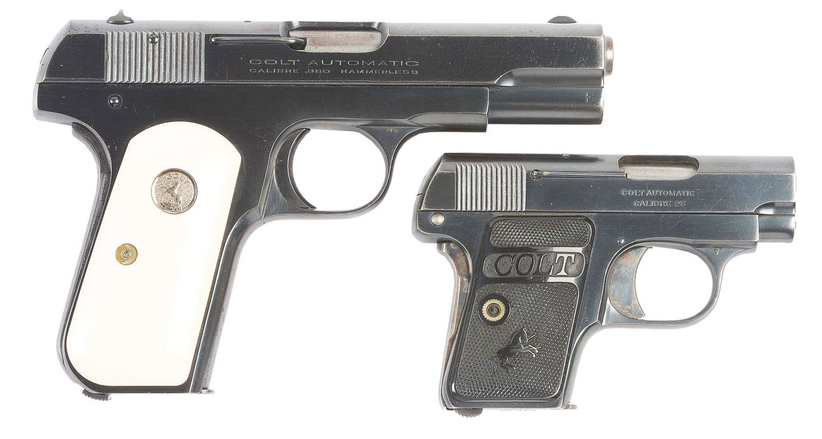 (C) COLLECTORS LOT OF TWO: COLT 1908 .380 AND .25: Lot consists of (A) Colt Model 1908 .380 Hammerless manufactured 1911. Blue finish with contemporary faux ivory grips. CONDITION: Excellent with over 95% vivid factory finish remaining. Matching seria