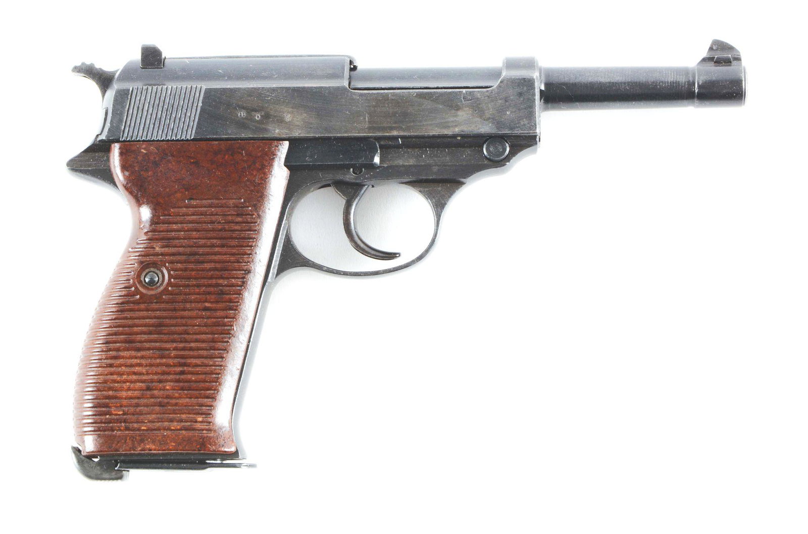 (C) SPREEWERK CYQ P38 SEMI AUTOMATIC PISTOL.: FEATURES INCLUDE; All matching numbers gun. Brown Bakelite two-piece grips. Correct eagle 88 Waffenamt on right side of receiver. Inverted V dovetailed front sight and U-notch rear sight. Correct eigh
