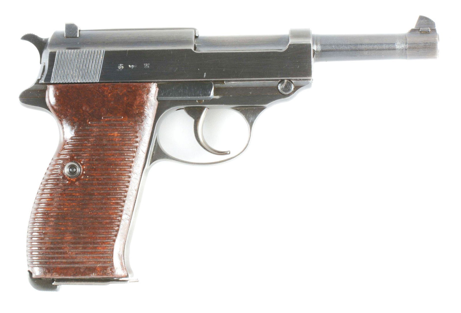 (C) FINE SPREEWERKE CYQ WWII NAZI GERMAN P38 SEMI: Standard configuration. Eagle 88 inspected. Brown Bakelite grips. All matching numbers. Accompanied by a total of two magazines, one of which is marked "jvd" on the spine and "P38/ U" on the left side