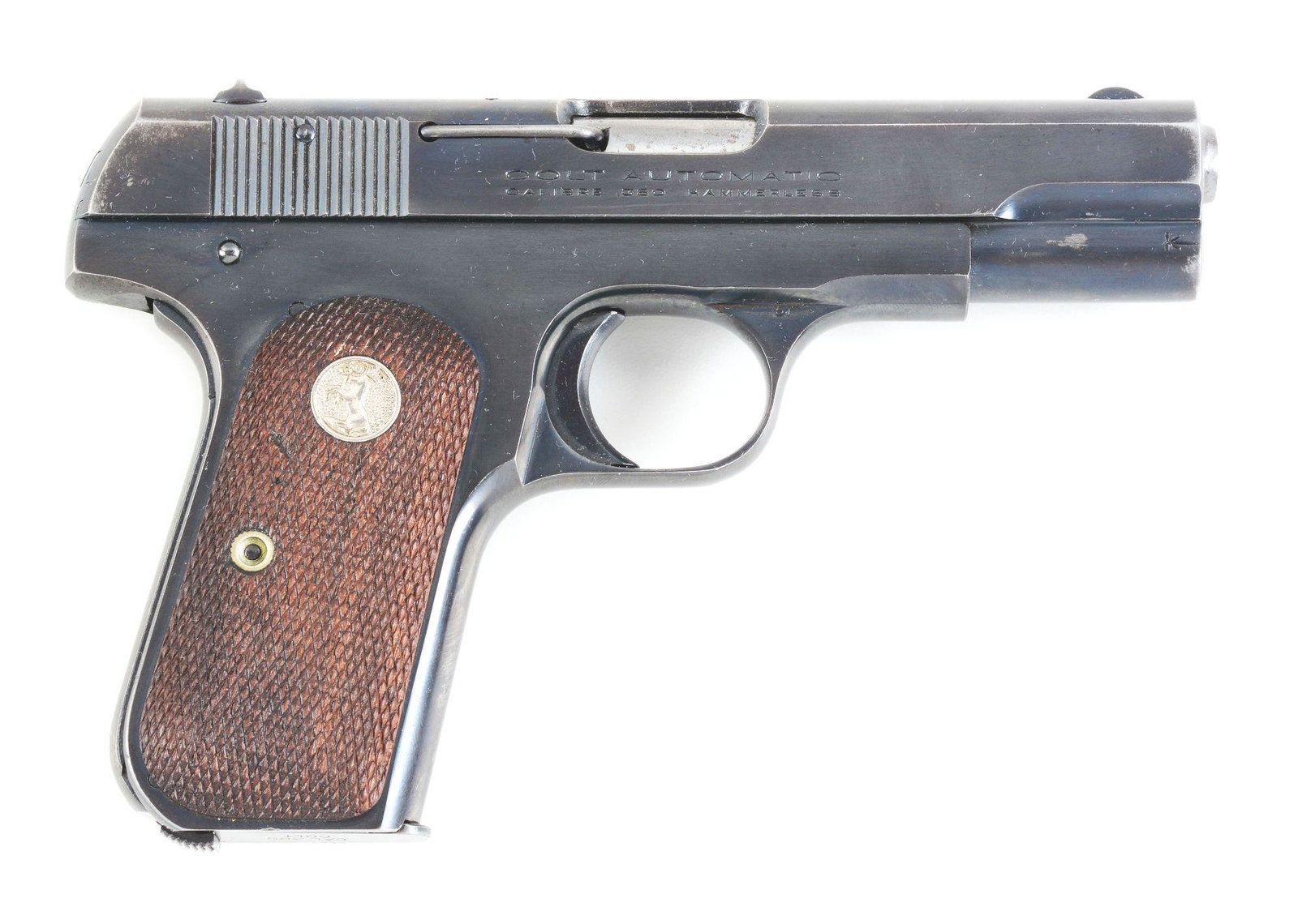 (C) COLT 1908 SEMI AUTOMATIC PISTOL.: Colt 1908 Pocket Hammerless semi-automatic pistol. Manufactured in 1926. Factory blue finish with wood Colt grips. Magazine is Colt marked and is the more desirable two-tone finish. CONDITION: Overall