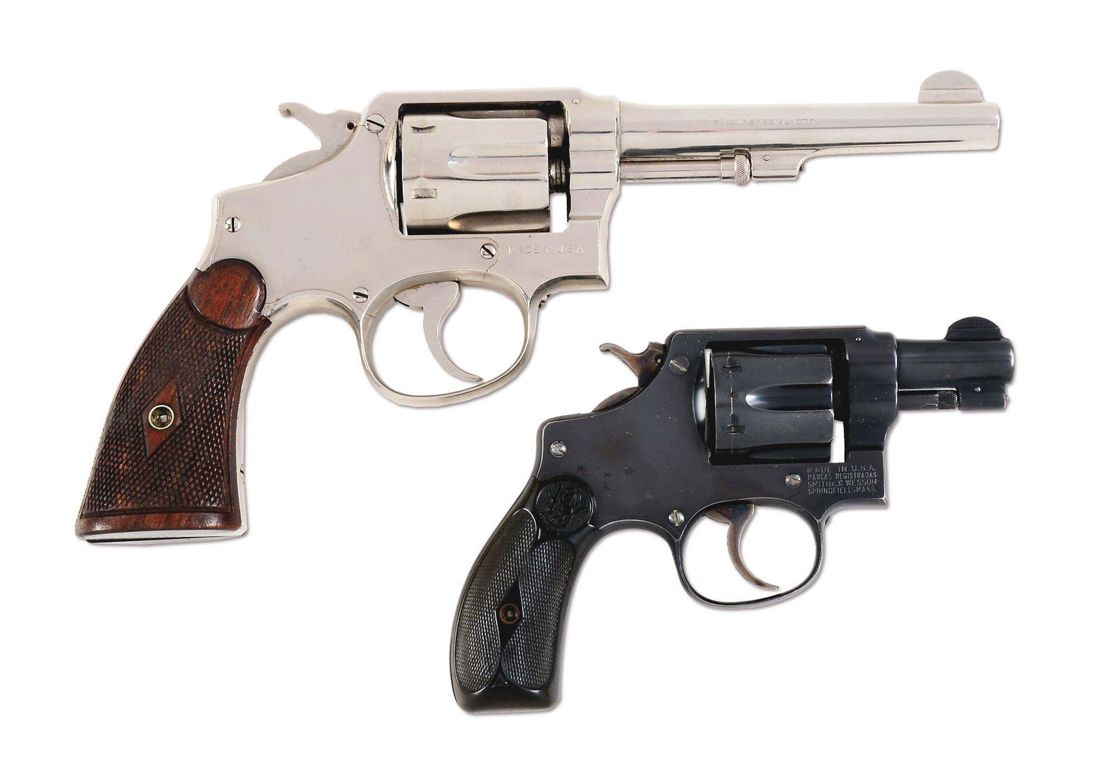(C) LOT OF TWO: SMITH AND WESSON 1905 HAND EJECTOR AND: Lot consists of (A) Smith & Wesson Model 1905 Hand Ejector / 38 M&P. .38 Special, 5" barrel, Nickel finish, walnut diamond grips, and gold S&W box. Factory letter indicates that this gun shipped with