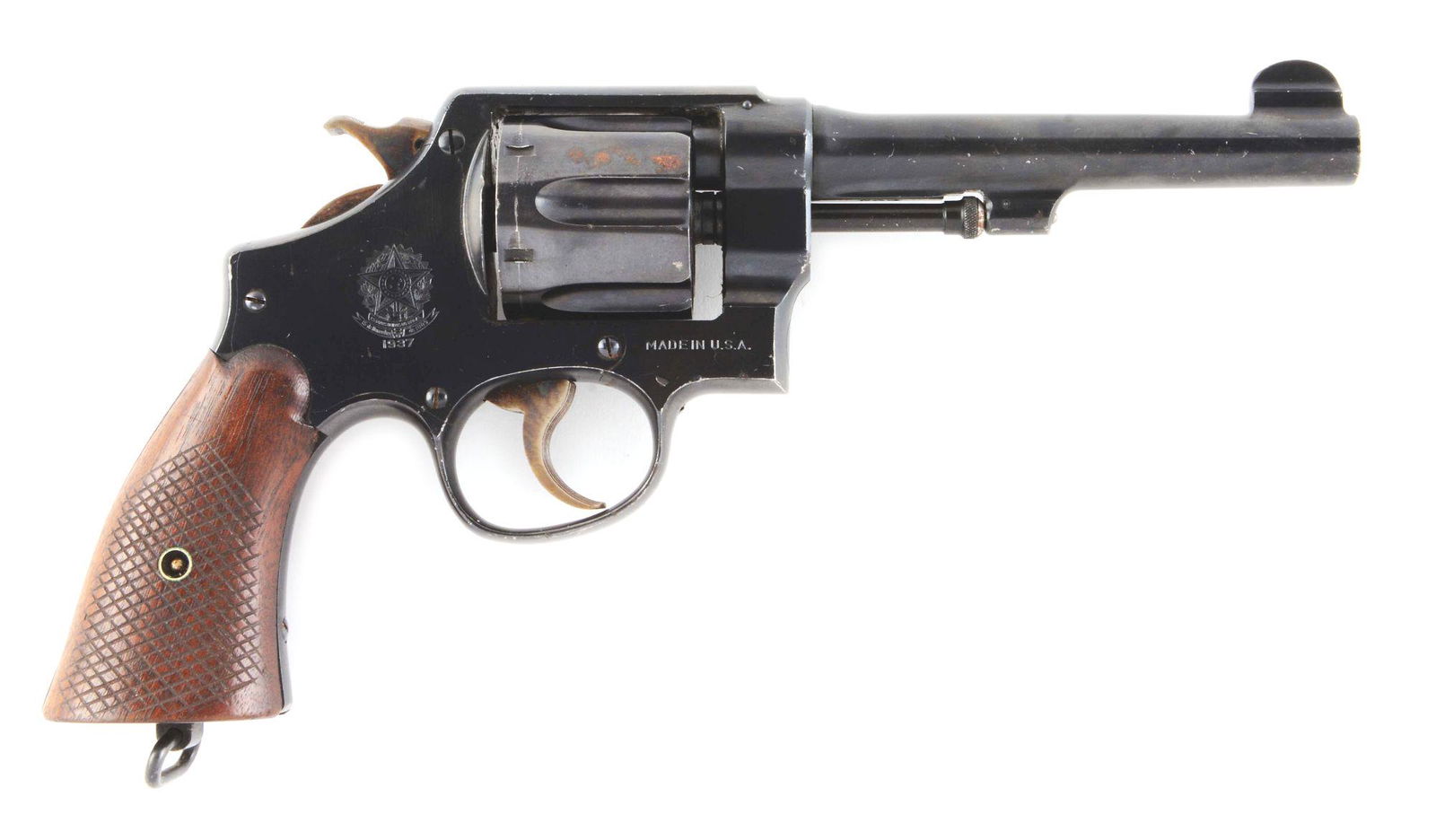 (C) SMITH & WESSON MODEL 1917 REVOLVER.: Brazilian contract revolver with the Brazilian crest located on the right frame sideplate. Five screw frame with pinned 5-1/2" barrel. Full radius blade front sight. Serrated trigger and checkered spu