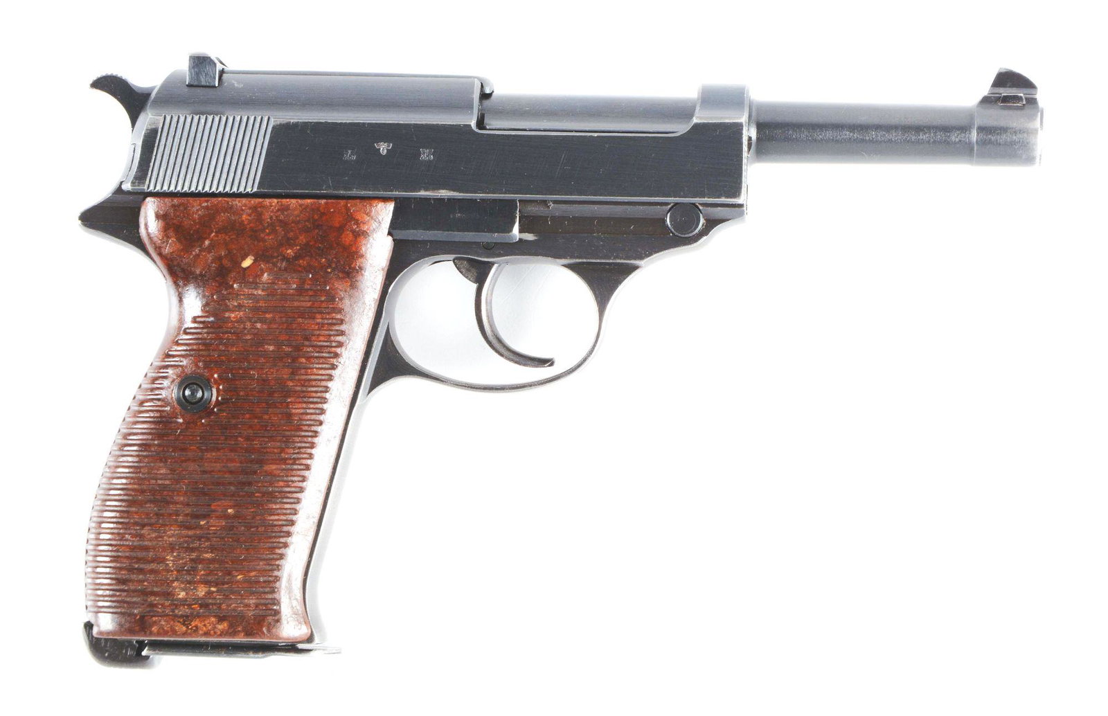 (C) WALTHER AC-43 P38 SEMI AUTOMATIC PISTOL FULL RIG.: FEATURES INCLUDE; All matching numbers gun. Brown Bakelite two piece grips. Correct eagle 359 Waffenamt on right side of receiver. Inverted V dovetailed front sight and U-notch rear sight. Two correct
