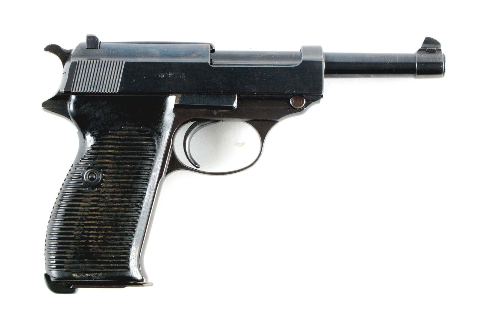 (C) WALTHER AC42 P38 SEMI AUTOMATIC PISTOL.: FEATURES INCLUDE; All matching numbers. Black Bakelite two-piece grips. Correct eagle 359 Waffenamt on right side of receiver. Inverted V dovetailed front sight and U-notch rear sight. Original jvd ma
