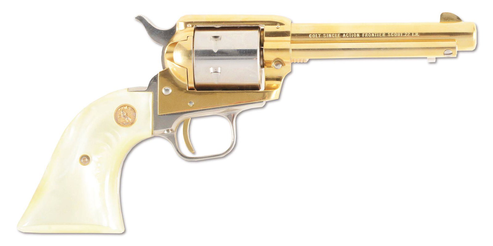 (M) CASED COLT MAINE SESQUICENTENNIAL SINGLE ACTION: In 1970, Colt made 2,987 Frontier Scout single action .22 revolvers to commemorate the 150th anniversary of Maine on its Sesquicentennial. It featured a gold and nickel plating with faux pearl grips w