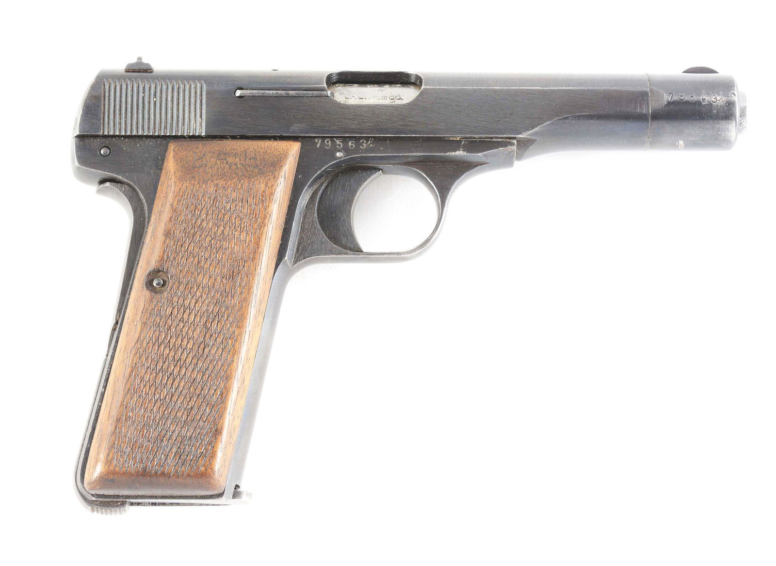 (C) WORLD WAR II NAZI GERMAN FN BROWNING MODEL 1922 .32: Standard configuration with Belgian and German proofs. WaA140 inspected. Checkered wood grips. Proper magazine. Accompanied by an original pebble grain black leather flap holster marked inside the fla