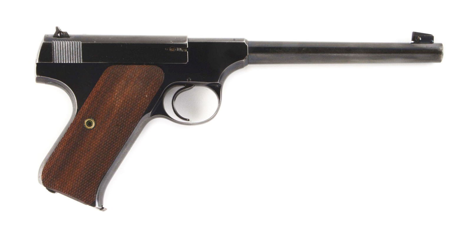 (C) BOXED PRE-WAR COLT WOODSMAN TARGET SEMI-AUTOMATIC: Arguably the finest .22 caliber semi-automatic pistol ever made. The Woodsman was first offered by Colt in 1927 but the forerunner to this gun, referred to as a Pre-Woodsman was introduced in 1915 and