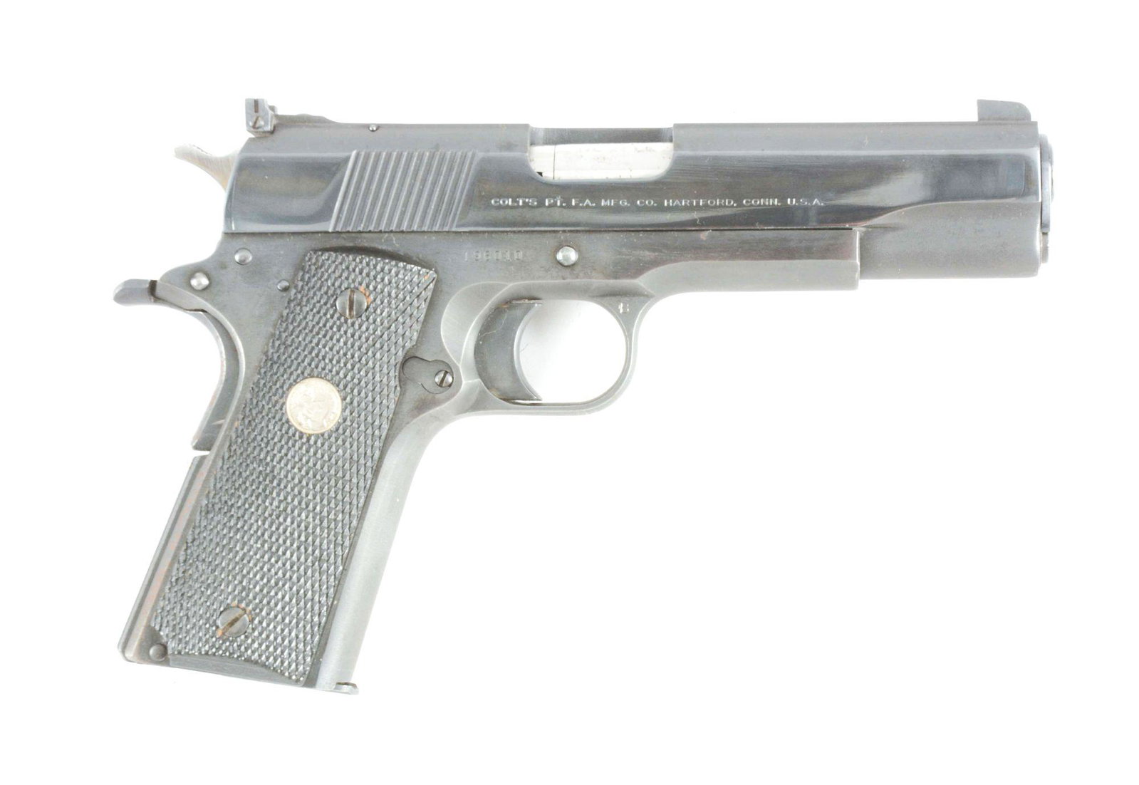 (C) COLT GOVERNMENT MODEL SEMI AUTOMATIC PISTOL.: Colt Government Model with extra slides and hard case. Manufactured in 1968. Factory blued finish with black painted Colt wood grips. Included is the original .38 Super slide, and a "Series 70 Gold Cu