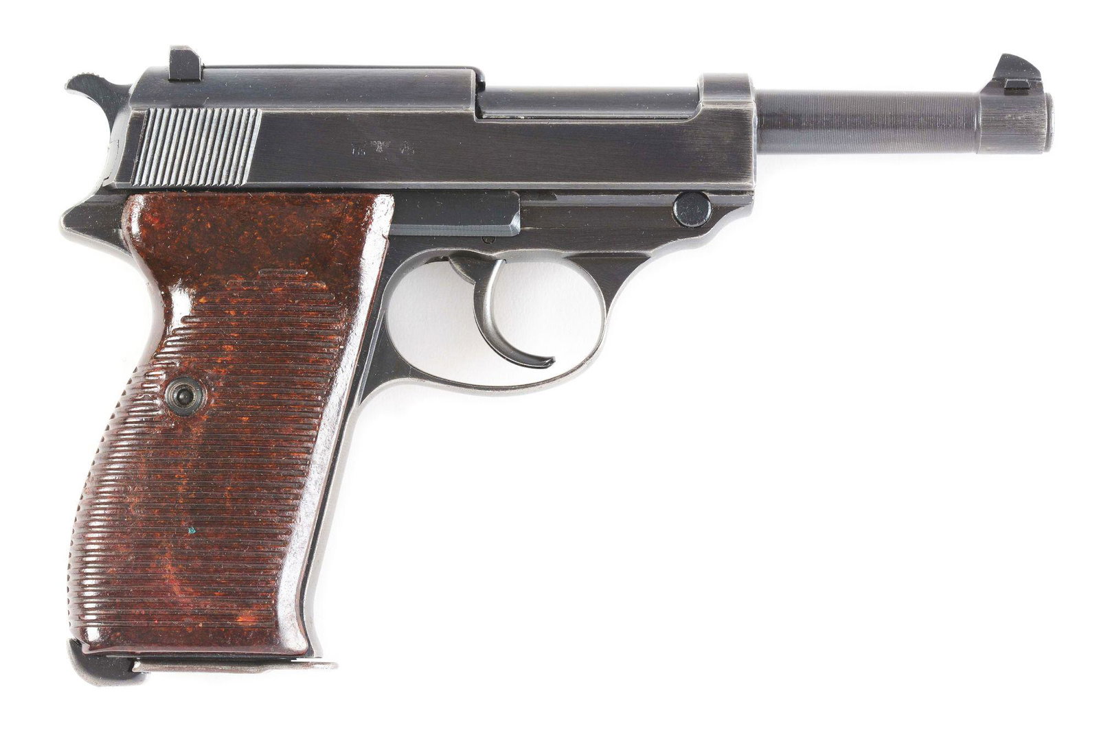 (C) WORLD WAR II NAZI GERMAN MAUSER P38 9MM SEMI: Standard configuration Mauser made "byf/ 43" P38 pistol. Eagle 359 inspected, including magazine. Brown Bakelite grips. Matching numbers. Accompanied by a black leather clamshell holster marked on the