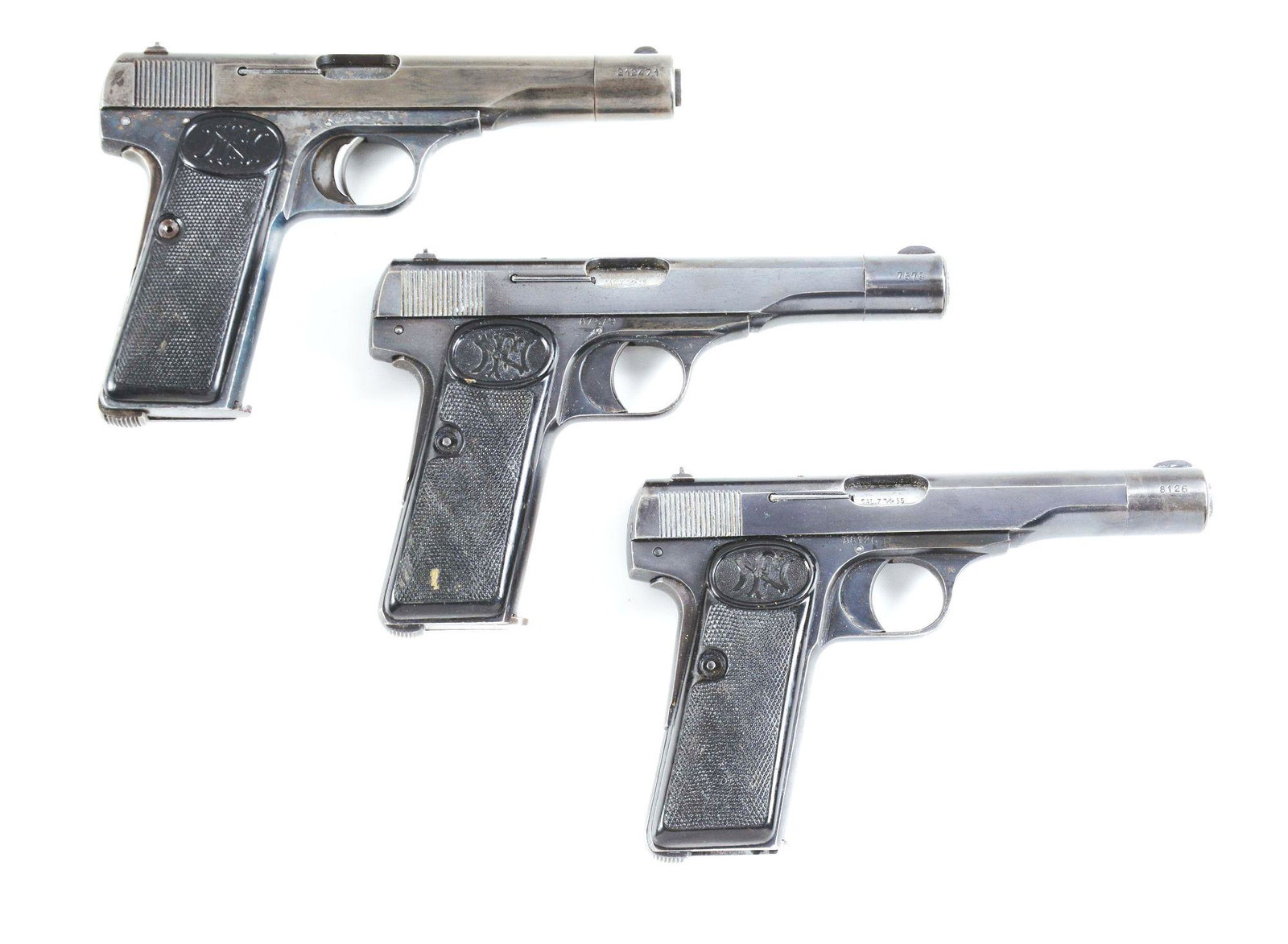 (C) LOT OF THREE: THREE BROWNING 1922 SEMI AUTOMATIC: Lot consists of (A) Caliber .380 with FN black plastic grips. Matching numbers on frame, slide, and nose cap. FN magazine marked 7.65. CONDITION: Fair, as reblued with good bore and action appears to 
