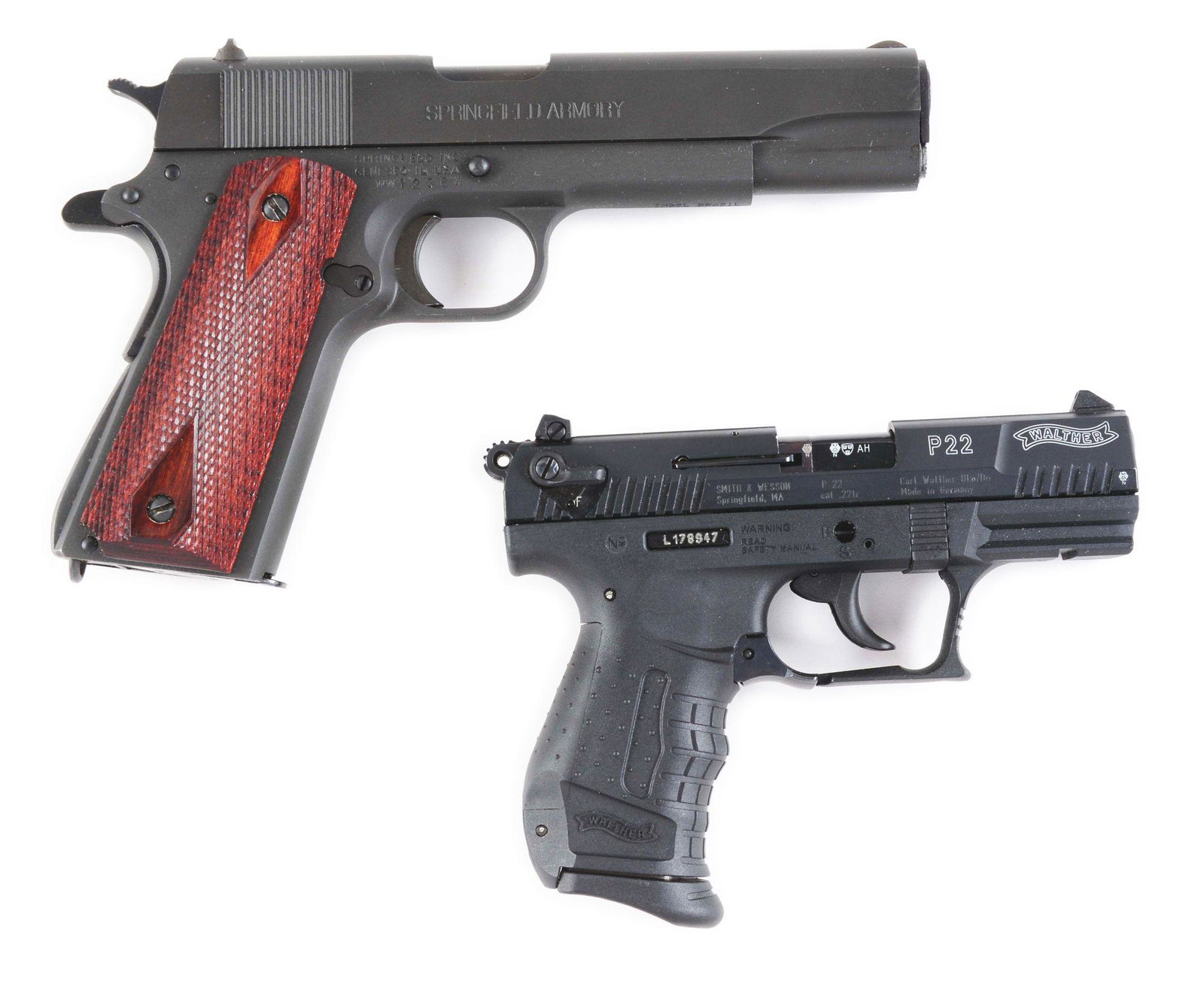 (C) LOT OF TWO: SPRINGFIELD 1911A1 AND WALTHER P22 SEMI: Lot consist of: (A) Springfield Armory 1911-A1 with original box. Modern reproduction of a Military 1911A1. Box matches the gun, and includes a spare magazine, spare set of grips and cleaning tools. C