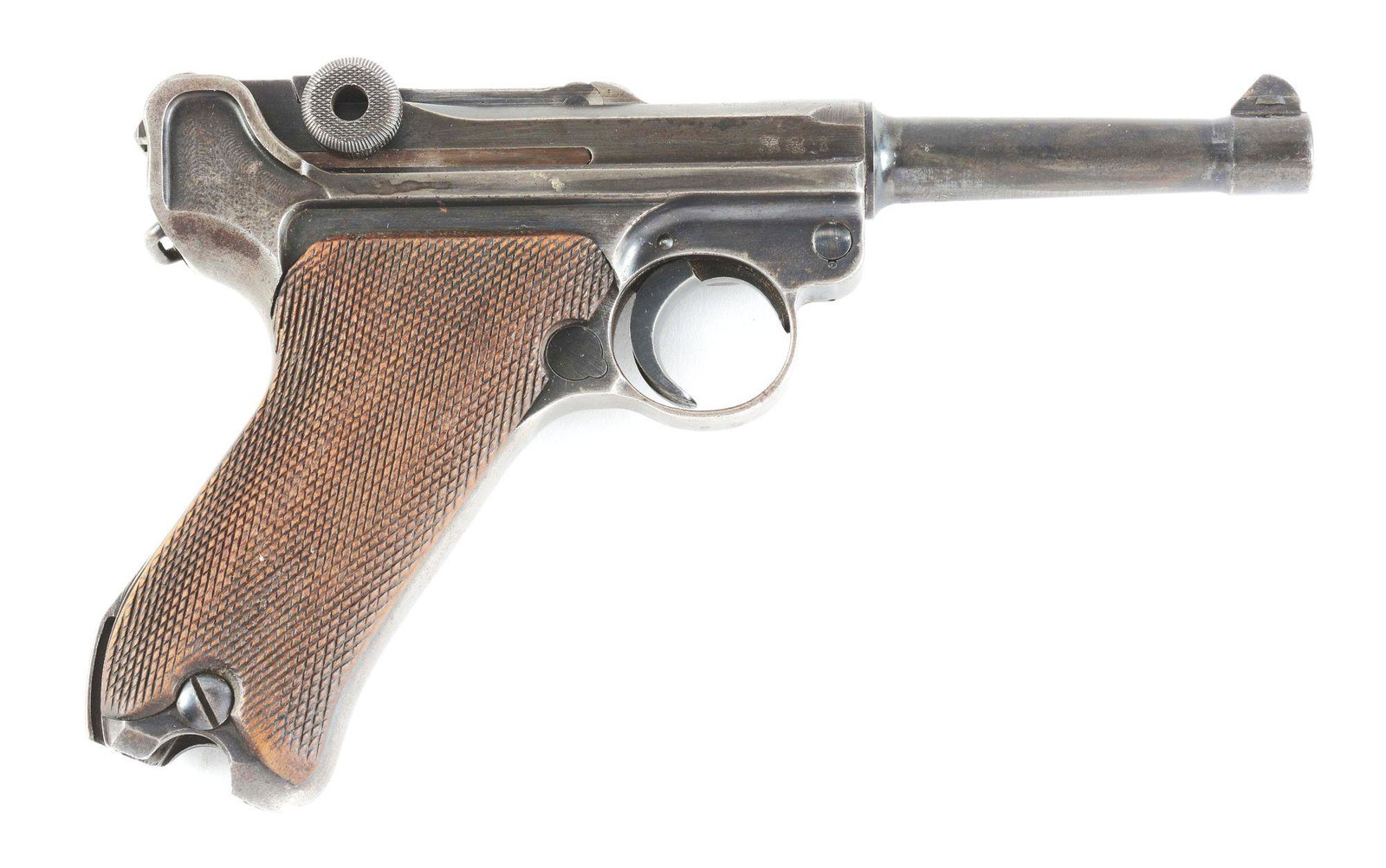 (C) 1940 MAUSER 42 CODE LUGER SEMI AUTOMATIC PISTOL: FEATURES INCLUDE; Round barrel with dovetailed inverted V front sight, V notch rear sight on rear link, thumb safety marked "GESICHERT" in the upper position, extractor marked "GELADEN", front toggle 
