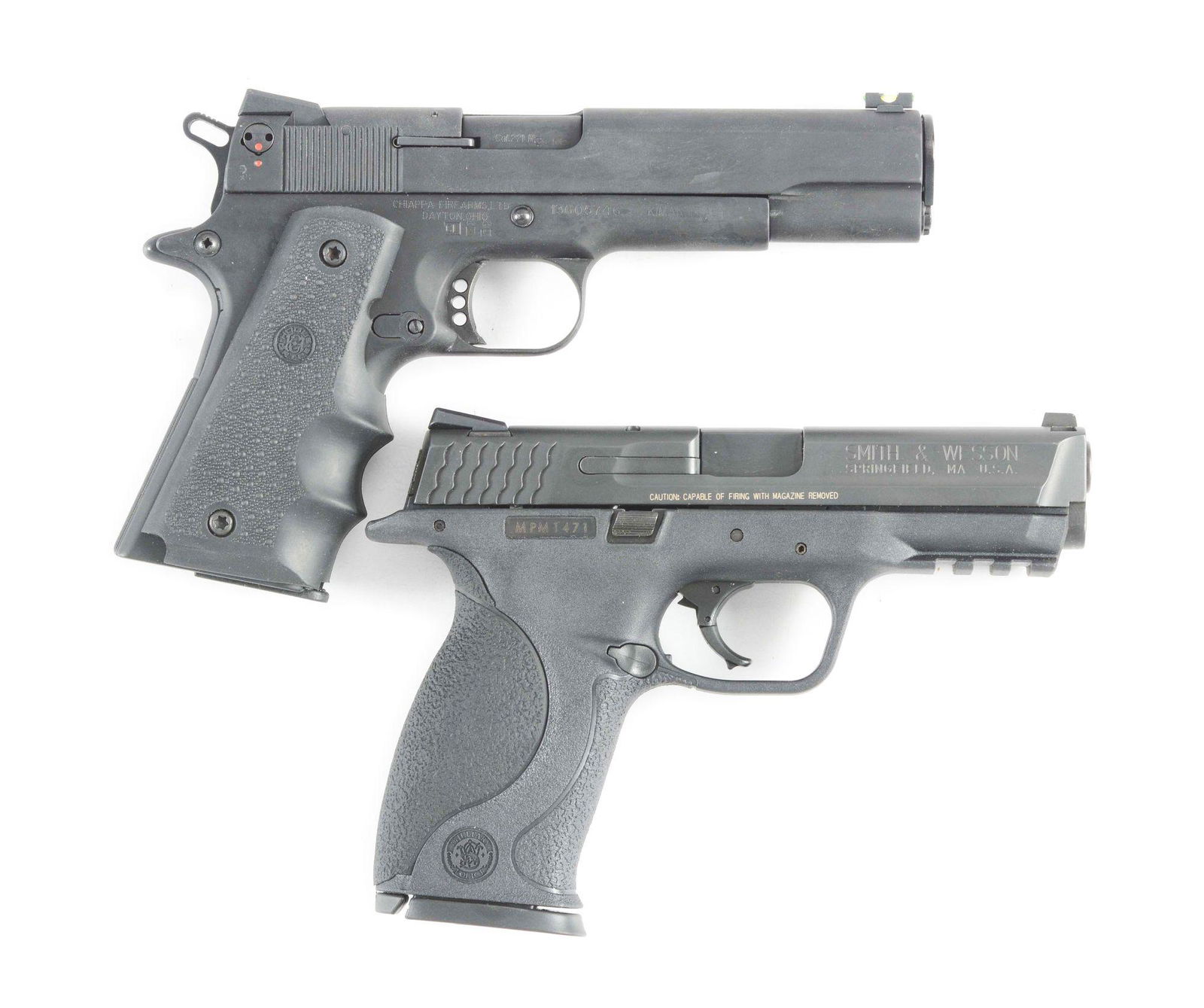 (M) LOT OF TWO: CHIAPPA 1911-22 AND SMITH AND WESSON: Lot consists of: (A) Chiappa Citadel 1911-22 with case. Aftermarket hogue rubber grip. Made in Italy. Includes and extra magazine and manual. Case is numbered to the gun. CONDITION: Overall very good.