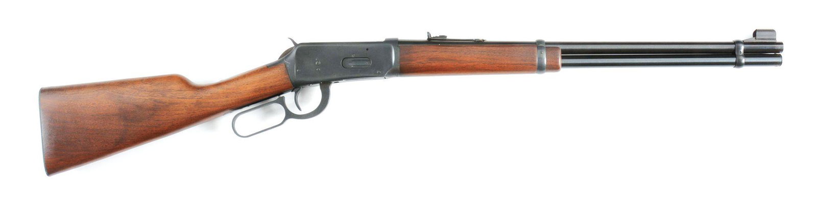 (M) WINCHESTER 94 LEVER ACTION RIFLE.: 1964 Vintage Model 94 in original box mis-numbered to gun. Standard carbine configuration. Blue with plain straight grain walnut stock and forearm. CONDITION: Near new overall. Appears unfired. 97% or