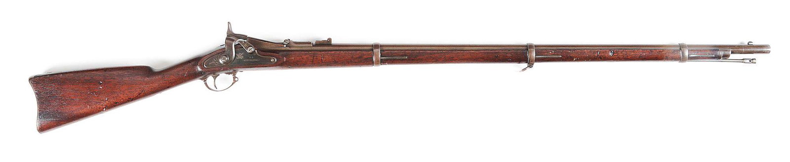 (A) US SPRINGFIELD MODEL 1866 2ND ALLIN BREECH-LOADING: 2nd Allin Conversion of a Civil War Springfield rifle with a lock plate date of 1863. Breech block dated 1866 over an eagle. Three band forearm with steel U.S. marked buttplate. Blade front sight and 