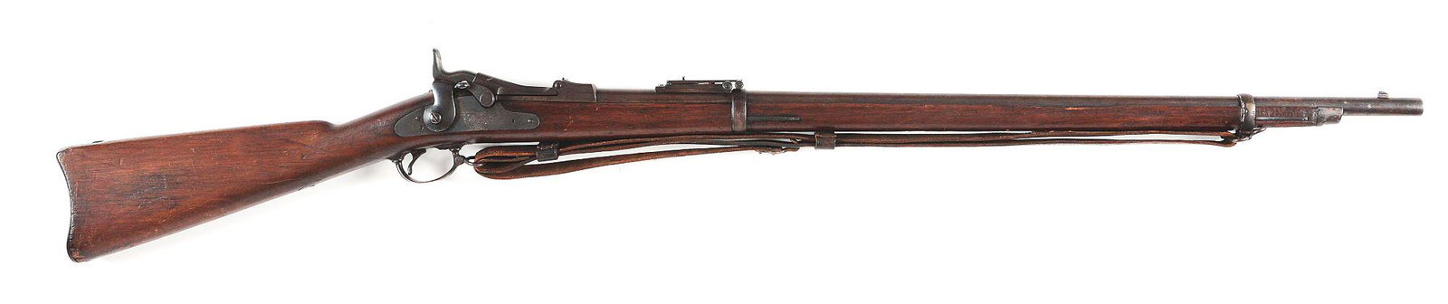 (A) US SPRINGFIELD MODEL 1884 TRAPDOOR SINGLE SHOT: Standard issue Indian Wars Trapdoor rifle. Features two barrel bands, post front sight, 1884 rear sight, "VP" proof on right side of barrel, block dated 1878, non-dated Springfield eagle on sideplate.