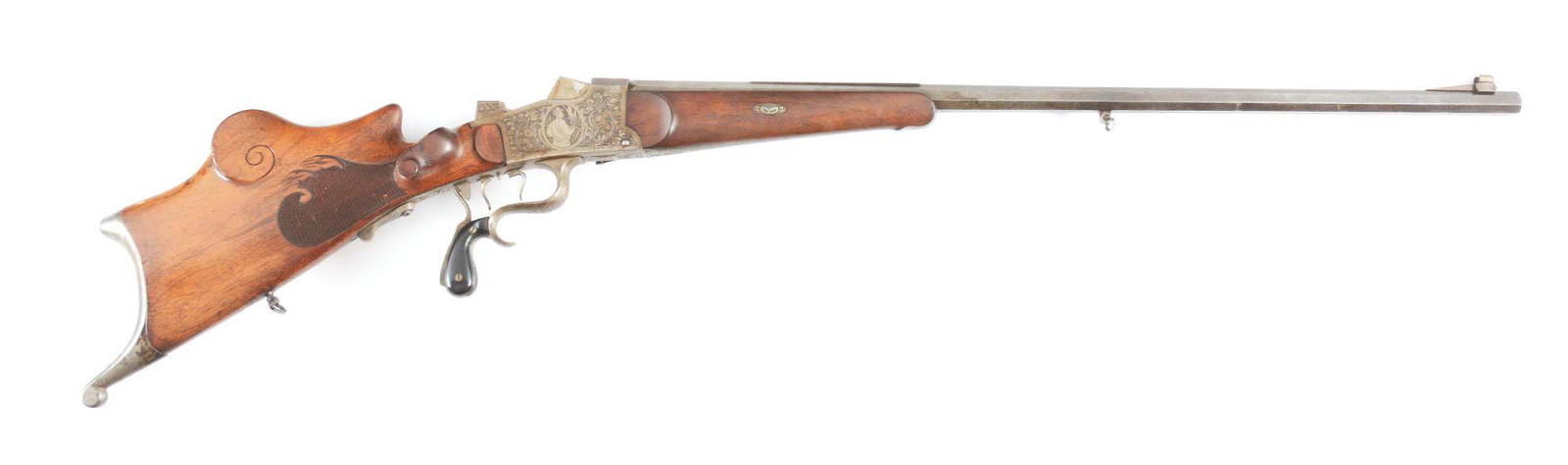 (C) A GOOD GERMAN SCHUTZEN RIFLE IN 8.15X47R.: BUG proofs under the barrel with 10180 number which matches rear stock, trigger, barrel key, and buttplate. Octagonal barrel with matted top rib, sling swivel on bottom flat. Action with "J/G/A" proof