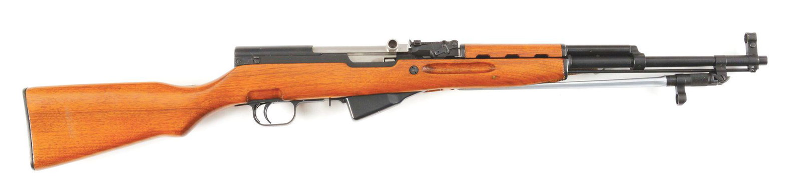 (M) CHINESE NORINCO SKS SEMI AUTOMATIC RIFLE: Standard configuration. This gun has the scarce triangle 156 arsenal marking. CJA import. Folding spike bayonet. Milled trigger guard. Proper Chinese sling. Cleaning kit in butt. CONDITION: Fine, reta