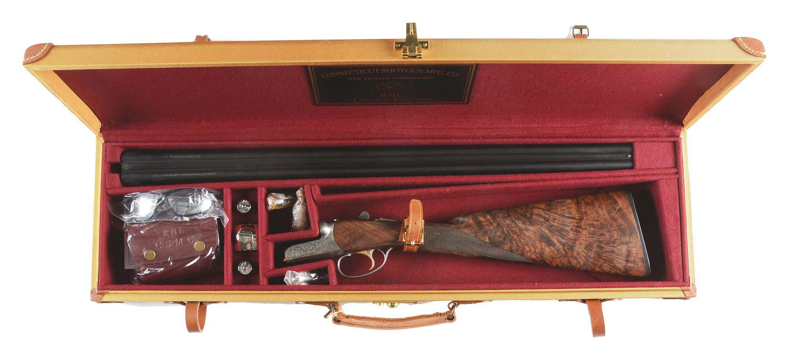(M) CONNECTICUT SHOTGUN MANUFACTURING COMPANY RBL SIDE: CSMC Round Body RBL Launch Edition. French greyed receiver. Rolled double edge trigger guard. English style straight grip. Exhibition grade flame grained, two point checkered walnut stock and forearm,