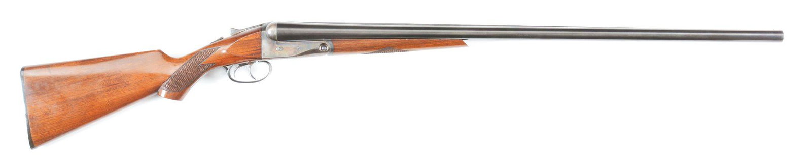 (C) PARKER TROJAN SIDE BY SIDE 12 BORE SHOTGUN.: Manufactured circa 1927 This OV grade has 30" solid rib barrel with single steel bead sight on a matte, concave rib marked "PARKER BROS. MAKERS. MERIDEN, CT. U.S.A. TROJAN STEEL'' with 2 - 3/4" chambe