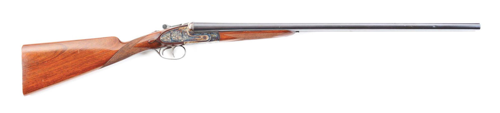 (M) AYA MODEL 117 DOUBLE BARRELED 12 GAUGE SHOTGUN.: Made with 28" fluid steel barrels with plain steel rib and steel front bead is engraved with makers name on rib and light scroll towards muzzle. Splinter forend with push button release and is checker