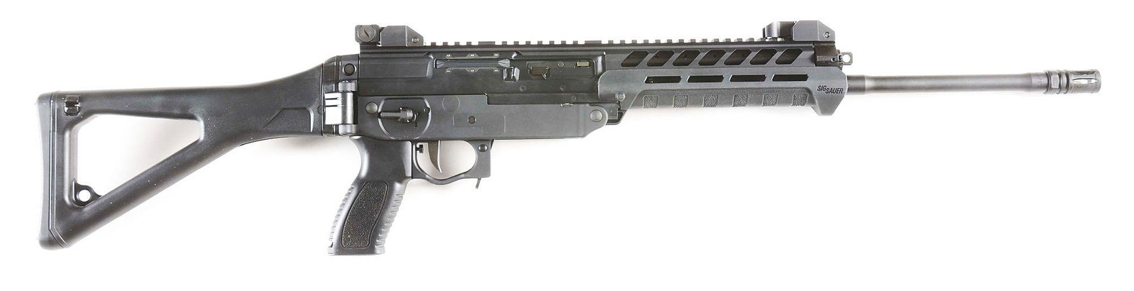 (M) SIG SAUER SIG-556XI SEMI AUTOMATIC RIFLE.: This discontinued SIG Sauer 556xi standard semiautomatic tactical rifle has a 16" barrel length in 7.62 x39mm. The operating system is a three-position adjustable gas-piston system with a rotating bol