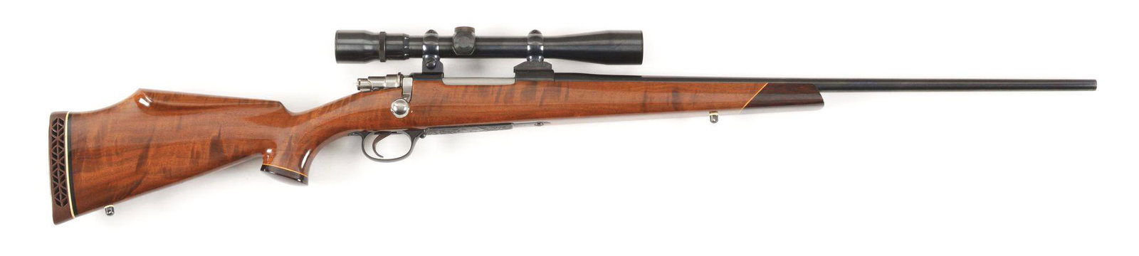 (M) SANTA BARBARA CUSTOM BOLT ACTION RIFLE WITH SCOPE.: Santa Barbara made Mauser type custom rifle with blued sightless barrel marked "Santa Barbara Cal 6m/m". Blued Mauser style action with engraved quick detachable floorplate and Timney trigger. Califor