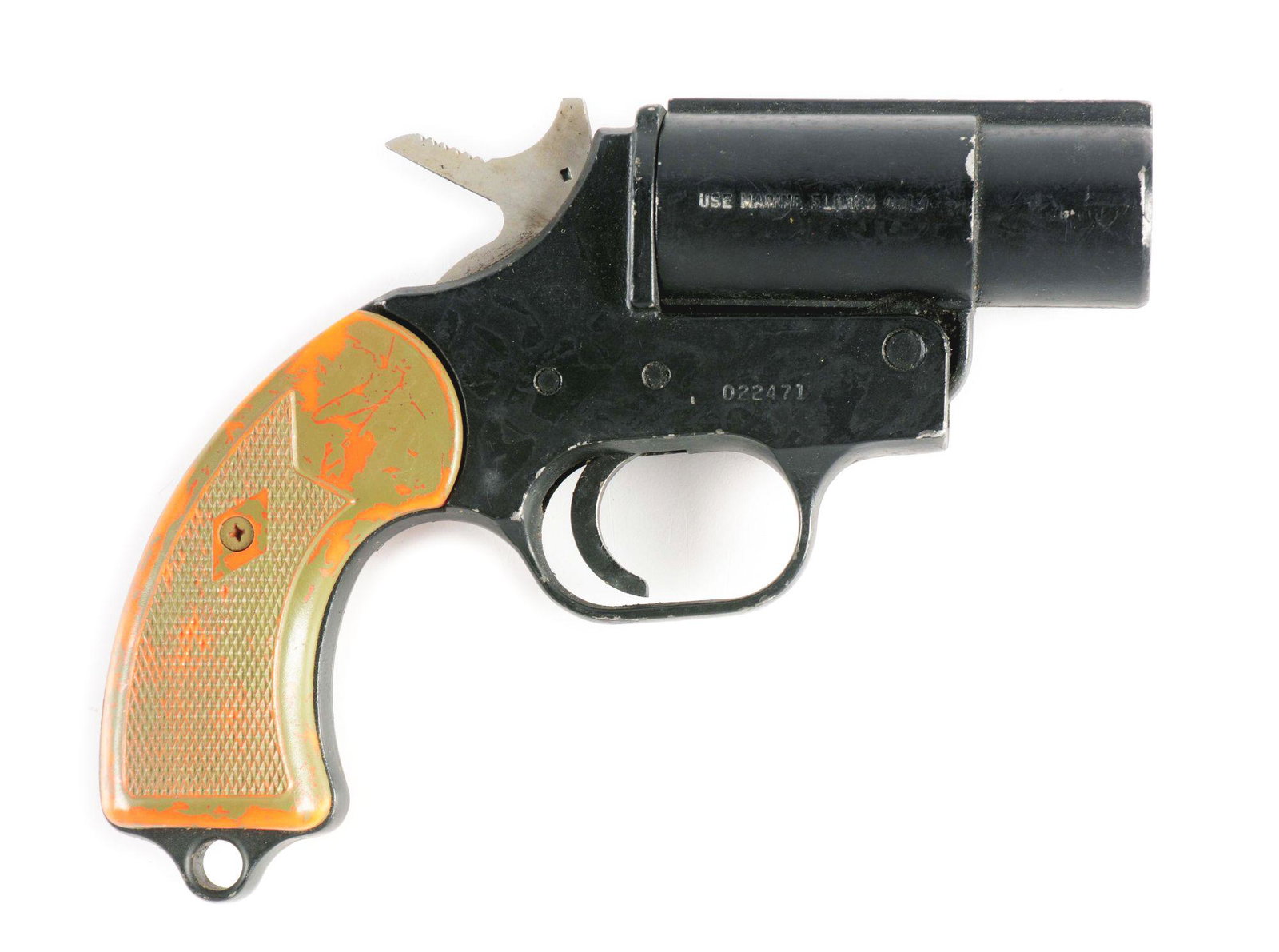 WINCHESTER FLARE GUN.: Made by Olin Winchester East Alton, Illinois. Single shot breech loading 25mm signal flare launcher with 12 gauge flare launcher insert. Pot metal frames with orange plastic grips and lanyard loop. CO