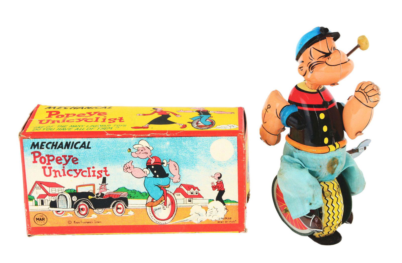 LINEMAR TIN-LITHO WIND-UP POPEYE UNICYCLIST TOY IN BOX. (1 of 4)