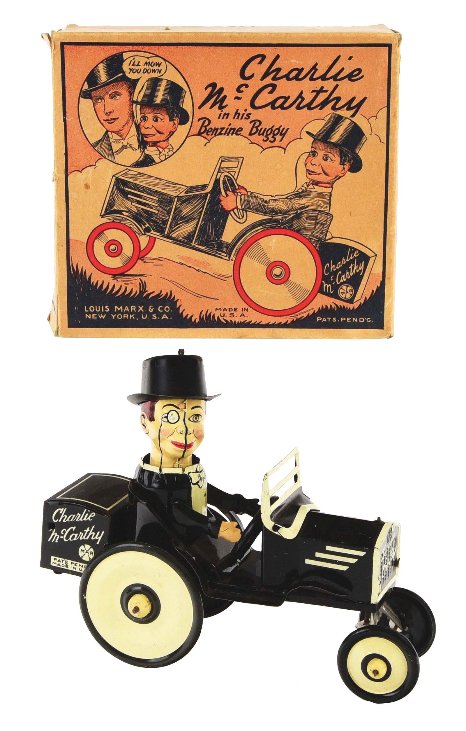 MARX TIN-LITHO WIND-UP CHARLIE MCCARTHY IN HIS BENZENE (1 of 3)