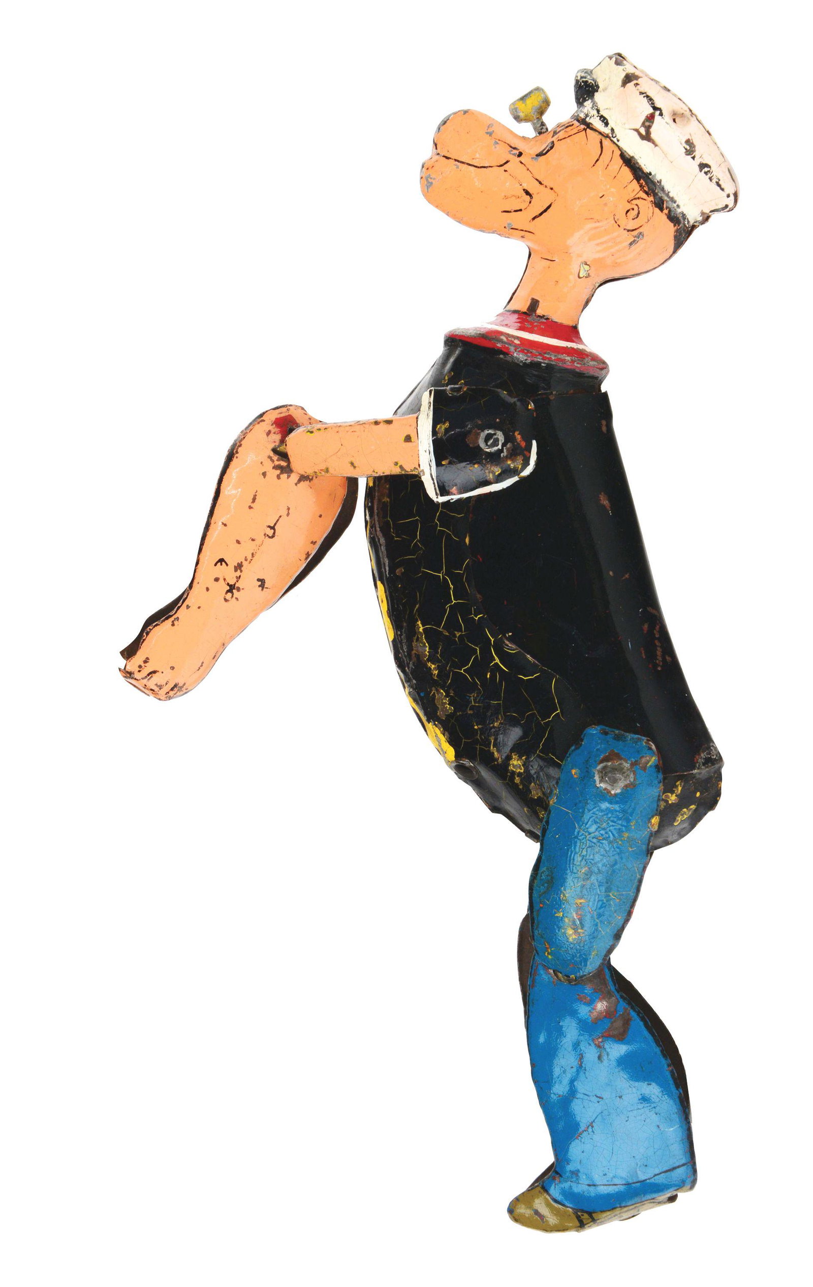 MARX TIN-LITHO AND HAND-PAINTED CLIMBING POPEYE: Circa 1930's. Crudely done, but nicely made, hand-painted and lithographied Climbing Popeye with original pipe. Popeye has jointed arms and forearms, jointed legs and is a pre-war toy, never made by M