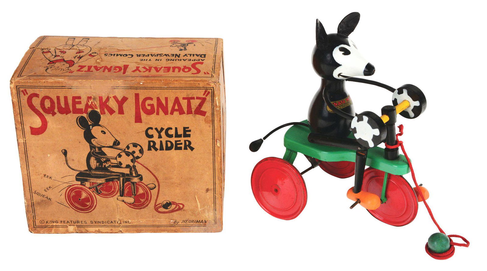 SCARCE CHEIN SQUEAKY IGNATZ WOODEN CYCLE RIDER TOY IN (1 of 4)