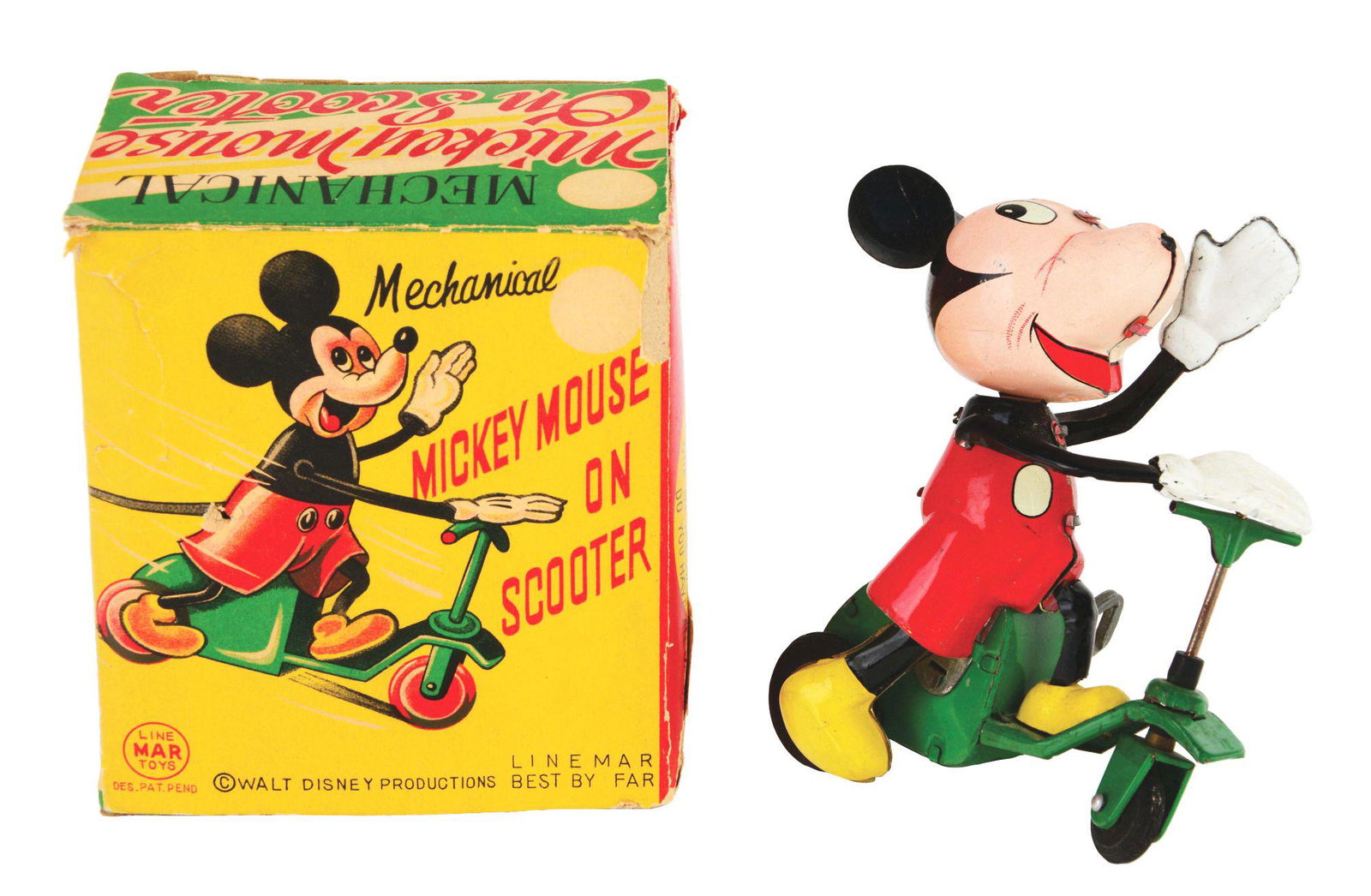LINEMAR TIN-LITHO WIND-UP MICKEY MOUSE ON SCOOTER TOY. (1 of 5)