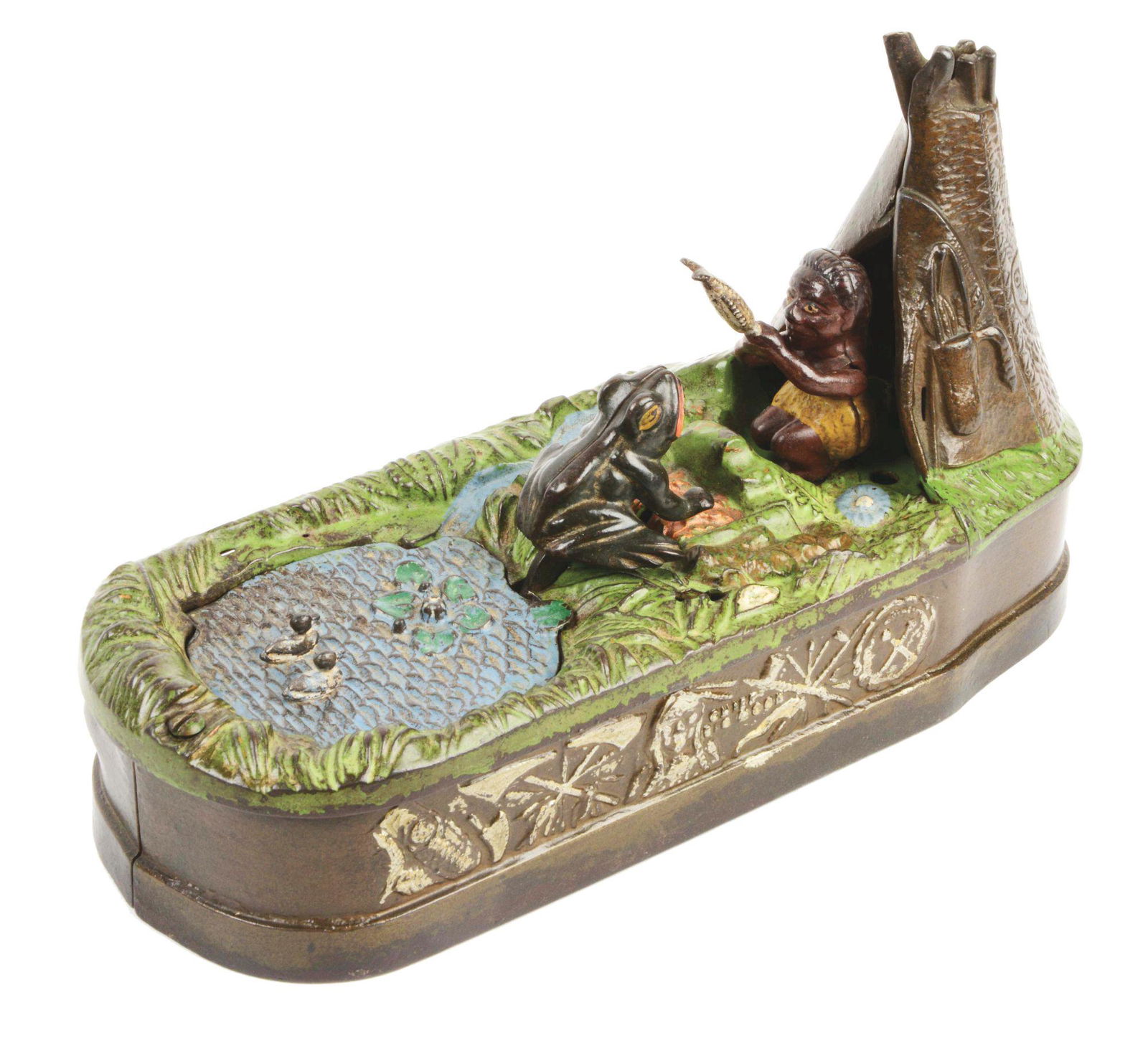 J & E STEVENS CHIEF BIG MOON CAST IRON BANK.: Place a coin in the slot in front of the pond and press the lever. As the coin disappears, the frog springs from the pond after the fish. The Indian squaw lifts the fish from the frog as the coin is d