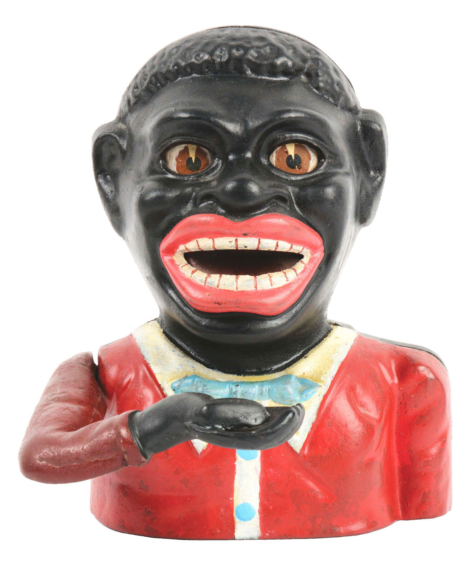 ENGLISH CAST IRON JOLLY "N" MECHANICAL BANK.: Place a coin in the hand and press the lever. He raises his hand and deposits the coin into his mouth as his eyes roll and the tongue flips in. Areas of repaint to the red. Overall condition is very g