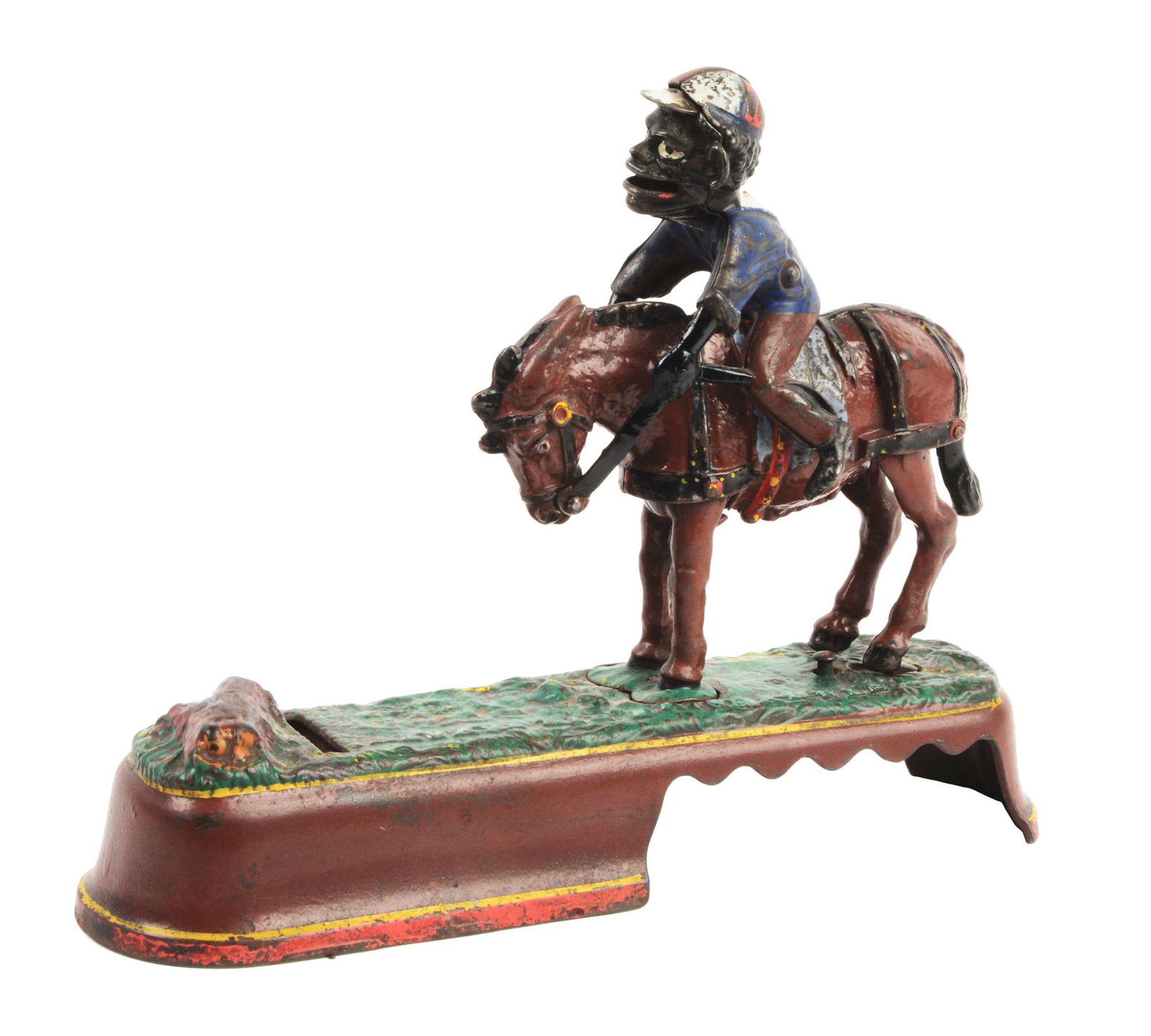 J & E STEVENS I ALWAYS DID SPISE A MULE CAST IRON: Jockey over variation. Place a coin in the jockey's mouth and press the lever. The mule kicks forward and throws the jockey over the head of the mule. The coin is thrown from the jockey's mouth into t